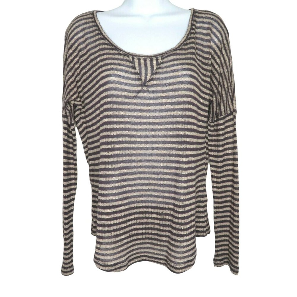 Splendid Sheer Striped Knit Tee M Brown Beige Cotton Long Sleeve Pullover USA
